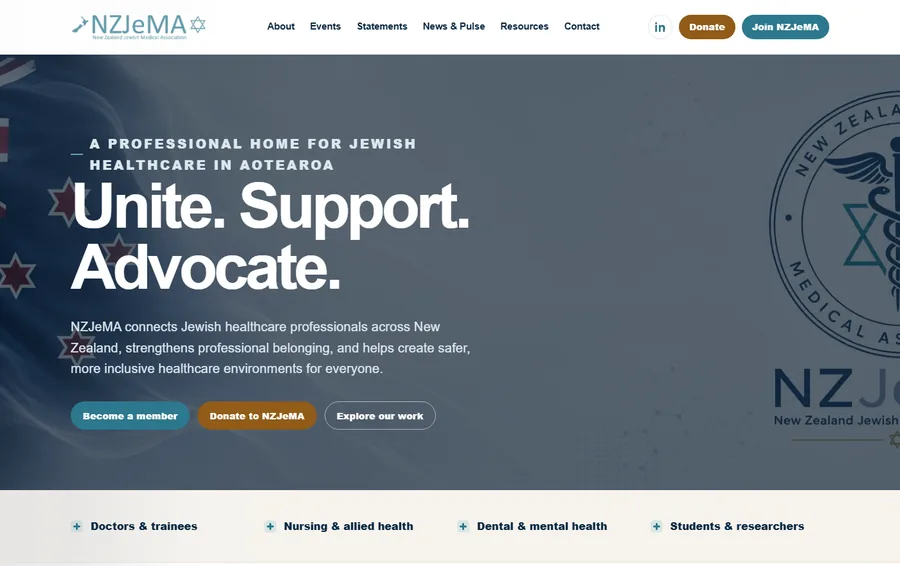 Home page of nzjema.org.nz — the New Zealand Jewish Medical Association site with membership and donation buttons