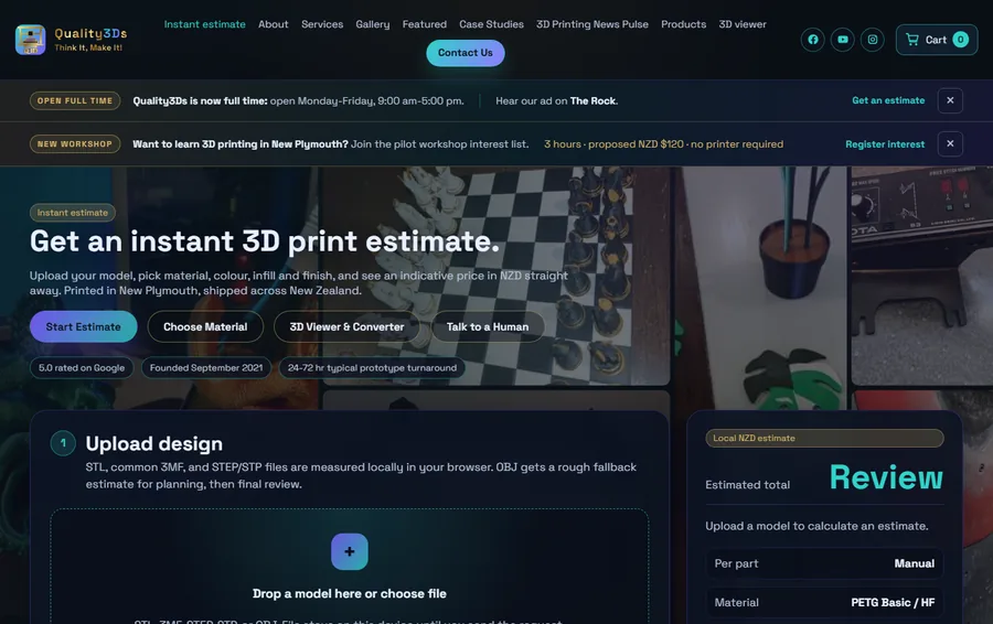 Home page of quality3ds.com — the instant 3D-print estimate tool with a file drop zone and a live price panel